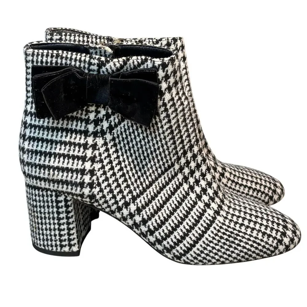 Kate Spade New York Holly Bow Houndstooth Black & White Ankle Boots Size 9.5